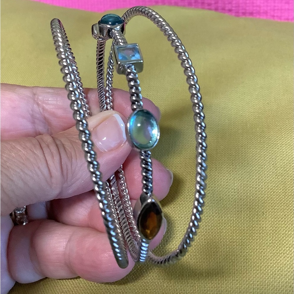 Silver, Blue, and Amber Contemporary  Bangle Bracelet Set